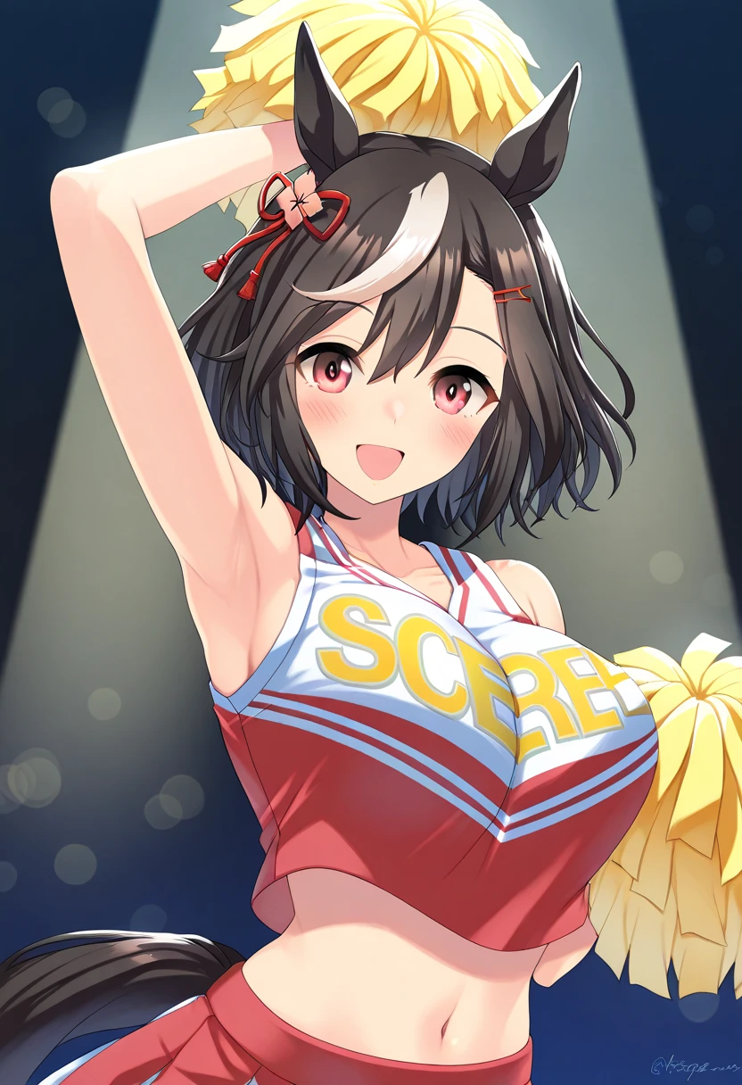 (pieces fly, highest quality:1.2), cowboy shot, alone, 1 girl, Hiryū, shy smile, looking at the viewer,Yellow Bikini、one side up, , Gloves without partial fingers、The background is professional wrestling、Audience seats、Are standing、facing forward