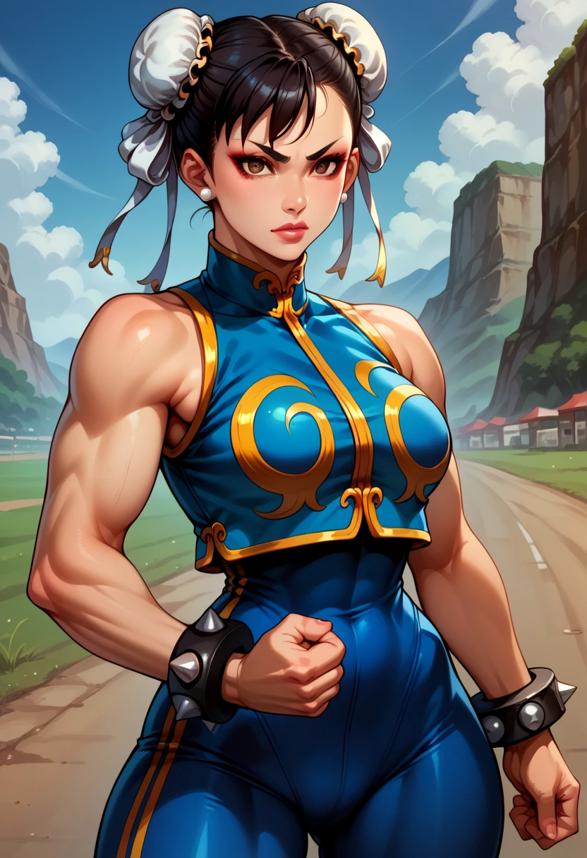 score_9, score_8_up, score_7_up, BREAK, score_9, 1girl, chun-li (\street fighter)\, black hair, brown eyes, makeup, eyelashes, short hair, breasts, looking at viewer, hand on fist, lips, alpha_costume, blue bodysuit, blue leotard, blue vest, sleeveless, cowboy shot, landscape, street