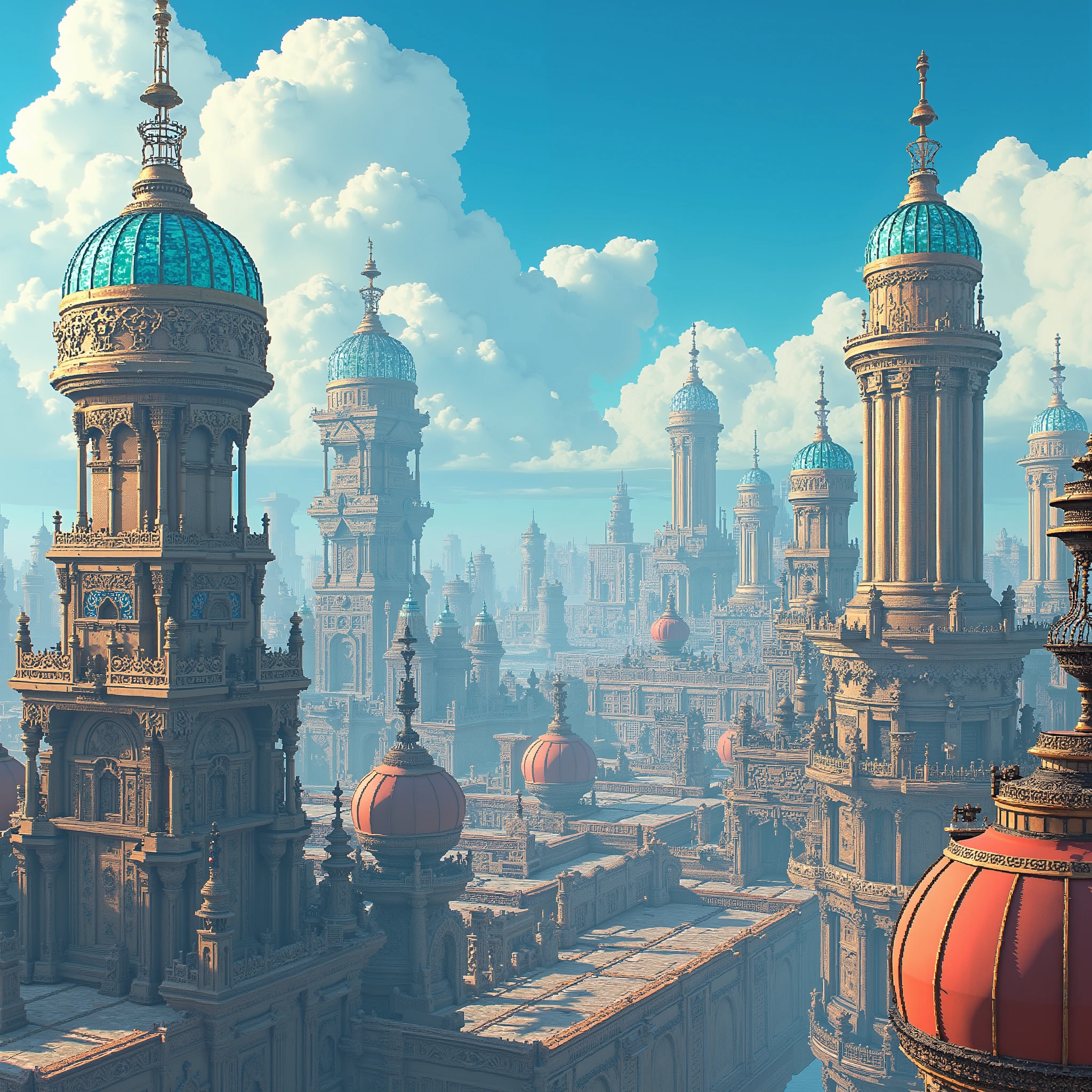 A retro-futuristic cityscape: Victorian-era architecture combined with industrial details, featuring buildings adorned with glass domes and metallic structures. A clear blue sky with fluffy white clouds overhead. A mix of steampunk and sci-fi aesthetics with a vibrant, warm color palette. High detail level, dynamic and lively lighting, evoking a nostalgic yet futuristic atmosphere.Pixel detail 