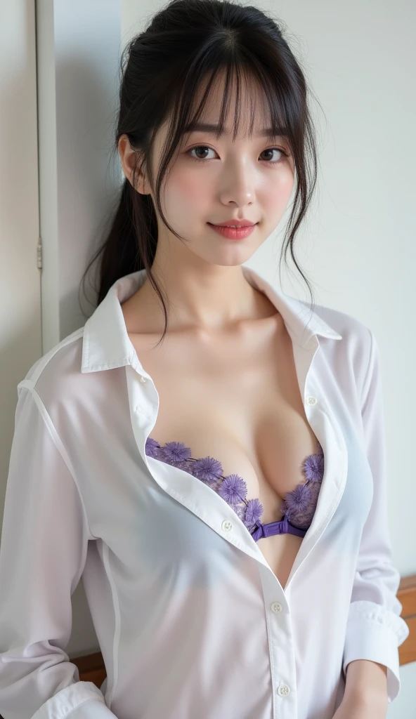 masterpiece、top-quality、realisitic、(A hyper-realistic), (illustratio), (hight resolution), (8K), (ighly detailed), (The best illustrations), (beatiful detailed eyes), (top-quality), (ultra-detailliert), (masterpiece), (wall-paper), (详细的脸), a bed,Armpit, A smile,Plump,独奏,(Wearing a silk plunged open shirt:1.5), full of sweat, japanes, large full breasts, (camel's toe)、huge-breasted、Luxury living room、Detailed white teeth、ultimate beauty girl、No bra、Wrap a purple ribbon around your neck、perfect teeth、(hime cut hair)、Navel、sexy panties、