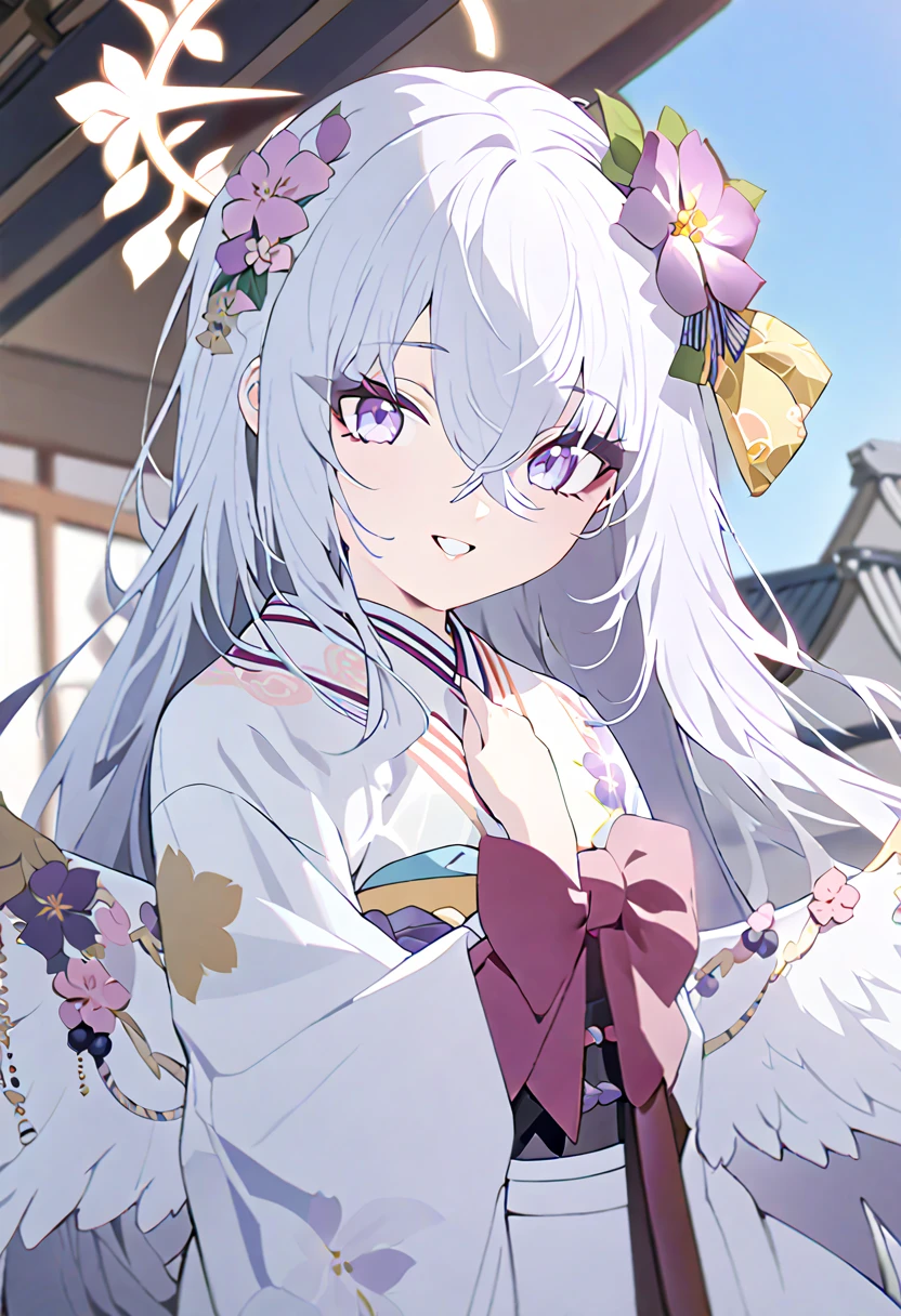  blue_archive azusa_(blue_archive) absurdres highres 1girl alternate_costume angel_wings flower grey_hair hair_between_eyes hair_flower hair_ornament halo holding holding_umbrella japanese_clothes kimono long_hair new_year purple_eyes solo umbrella white_kimono white_wings wings smile masterpiece, best quality