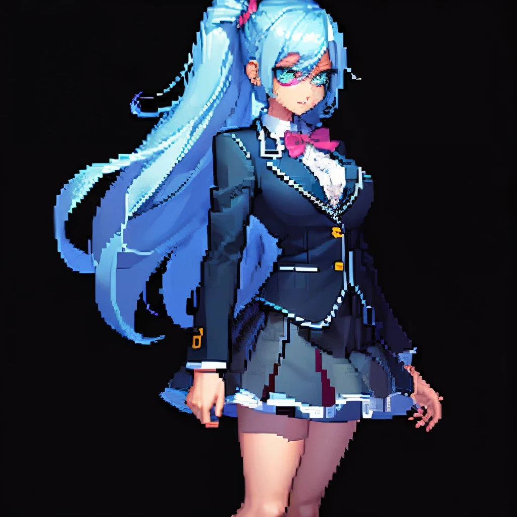 pixel art High school girl zombie black background Full body portrait Slender Blue blazer