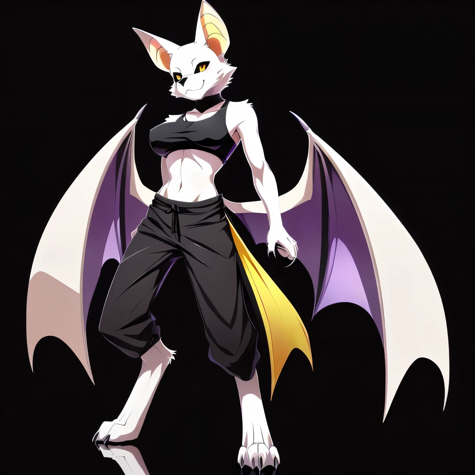 SFW version, anime, anime style, solo drawing, ((three-quarter view)), ((looking to the side)), full body picture, ((female Anthro bat character)), ((Tall figure)), ((buxom figure)), ((white skin)), clawed hands, ((clawed feet)), ((huge bat wings)), ((Purple Bat Wings)), ((white bat ears)), ((wearing loose black cloth pants)), ((wearing black crop top)), ((white face)), neutral expression, bright yellow eyes, ((digitigrade legs)), ((digitigrade feet)), solid black background, highly detailed anime style, clean lines((hourglass figure)), short muzzle, furry cheeks, furry muzzle