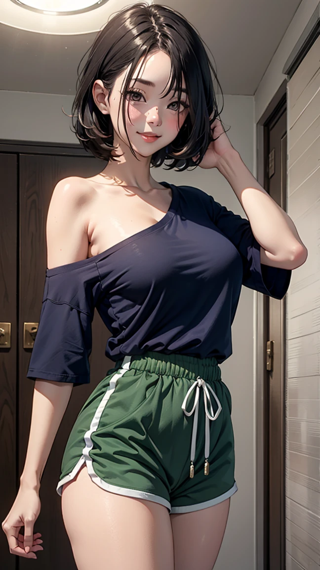(Medium hair), 27 years old girl, masterpiece, narrow waist,huge breast, blush, detail body, outdoor, detail eyes, cg, standing, smile, (from front), dolphin shorts, (single bare shoulder shirt short),