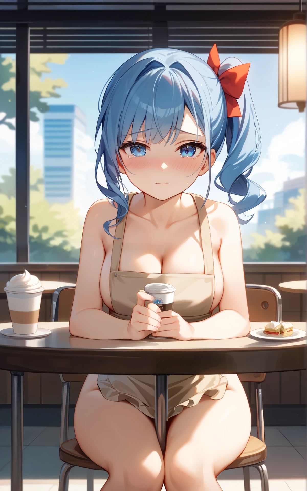 ((bashfulness)), cry, sadness,
((blush)),
((shyness)),
((cafe uniform)), beige apron, cafe,
((masterpiece)),
((best quality)),
((high quality)),
((ultra high res)),
((female)),
((high quality)),
((nude)), side ponytail, Blue hair, looking at viewer, マスターベーション