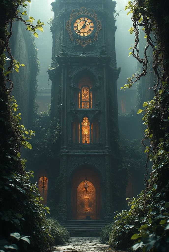 a tall, dark octagonal onyx tower with a clock, below the clock are eight gargoyles, the tower is located in the royal garden, high resolution, masterpiece, accurate, high details, backlighting, drop shadow, vignetting, glowing light, soft light