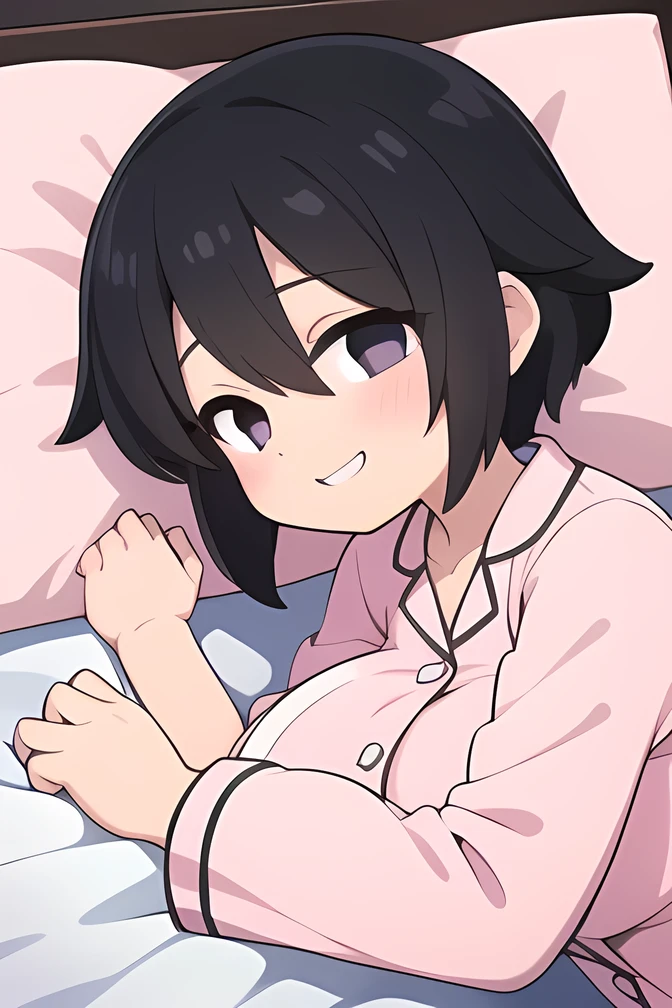 ((a woman lying in bed:1.5)),mature couple, break/, One Mature Woman ,iris, soft lips , dark eyes,( small eyes ),(Hanging eyes),((( black hair))),((( shortcut))),(Short stature),(huge breasts),( pink pajamas:1.2), no bra,( pink pants:1.2),(big smiles ),break/,(((upper body))),Close up on woman's face,bedroom,