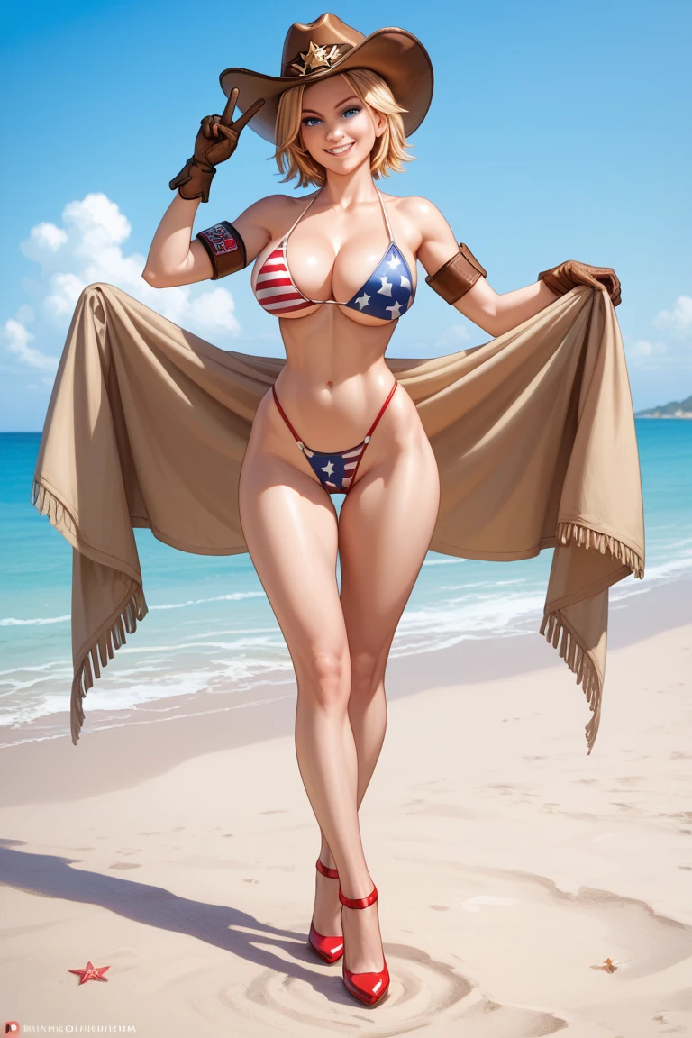 (masterpiece:1.2, top-quality), (realistic, photorealistic:1.4), beautiful illustration, (natural side lighting, movie lighting), , 
beautiful hair, beautiful face, beautiful detailed eyes, beautiful clavicle, beautiful body, beautiful chest, big breasts, enhance breasts, beautiful thigh, beautiful legs, beautiful hands, 
looking at viewer, close up, front view, 1 girl, 16years old, japanese, perfect face, perfect anatomy:1.3, cute and symmetrical face, shiny skin, cleavage, hold breasts, breast squeeze,
(middle hair:1.8, wavy hair, (blond hair)), asymmetrical bangs, dark green eyes, long eye lasher, (large breasts:1.6, thin waist, thick thighs), 
((American national flag bikini, high heels )), surprised face, naughty face, view at below
(beautiful scenery), morning, (village, trees), standing, (seductive smile), arms up
