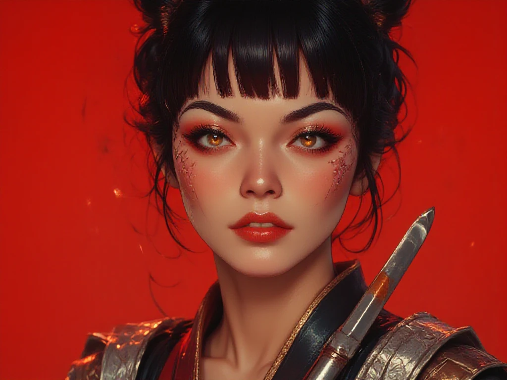 Close-up of the chest to the head :
 A beautiful young Korean woman . 
 black hair, Chanel style,  fringe covering the forehead , fluttering. 
 honey-colored eyes, crystalline, expressive, dazzling , bioluminescentes. 
 plump lips . 
 Small and pointy breasts . 
 dressed in Chinese martial artist style . 
in battle pose,  holding a shiny silver machete. 
 Simple red background .