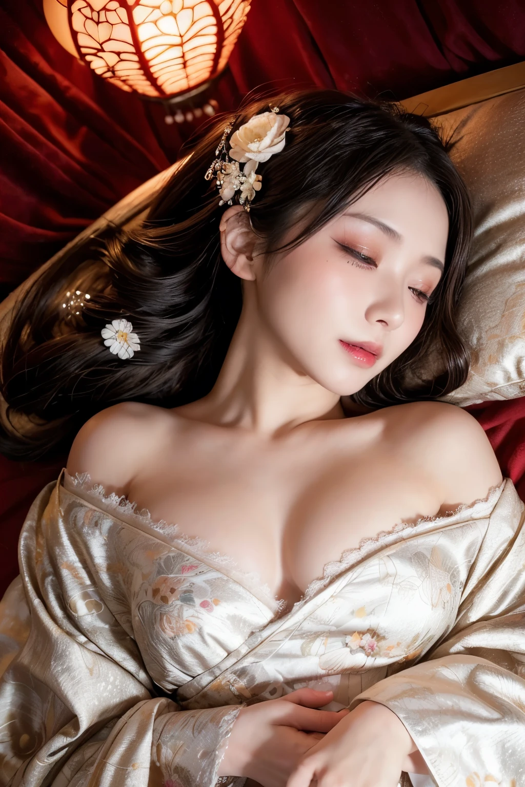 an elegant courtesan, in a lavish brothel room, dim light, folding screens, warm lantern lights, scattered flower petals, wearing a vibrant kimono with luxurious embroidery, lying on the back at the futon, sleeping gracefully, closed eyes, mouth is open, face and jaw pointing upwards, blushing, clothes come undone, exposing shoulder and chest widely, wearing traditional Japanese hairstyle adorned, with ornamental hairpins and flowers, refined sensuality, captivating presence, beautiful white-colored translucent skin, small glamorous figure, small breasts, adult sexiness, alluring, glossy face, heavy and vivid makeup, angle looking down from above, shot from directly above, {realistic photo style}, {cinematic}, {dramatic}