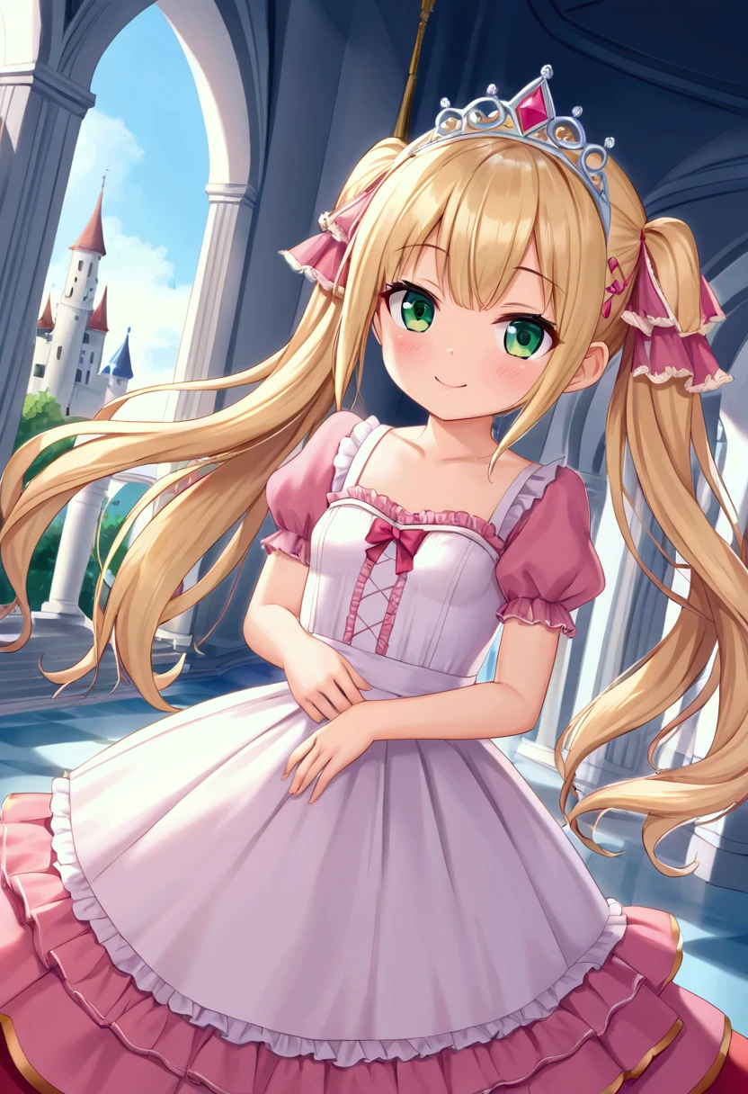 fairy_tail_style, Safe for work, solo girl, (young female body:1.4), (medium small breasts), pigails golden yellow hair, extra long hair, extra long disheveled yellow hair, hime cut, light blue eyes, round eyes, cowboy shot, dynamic posing, medieval town background, standing beside fountain, cobble pathway, trees and bushes,pink outfit, pink amd white griffin style dress, dark pink dress, stockings, multiple layered ruffled skirt, dynamic pose, leaning forward, pigtails, bird eye view, arched back
