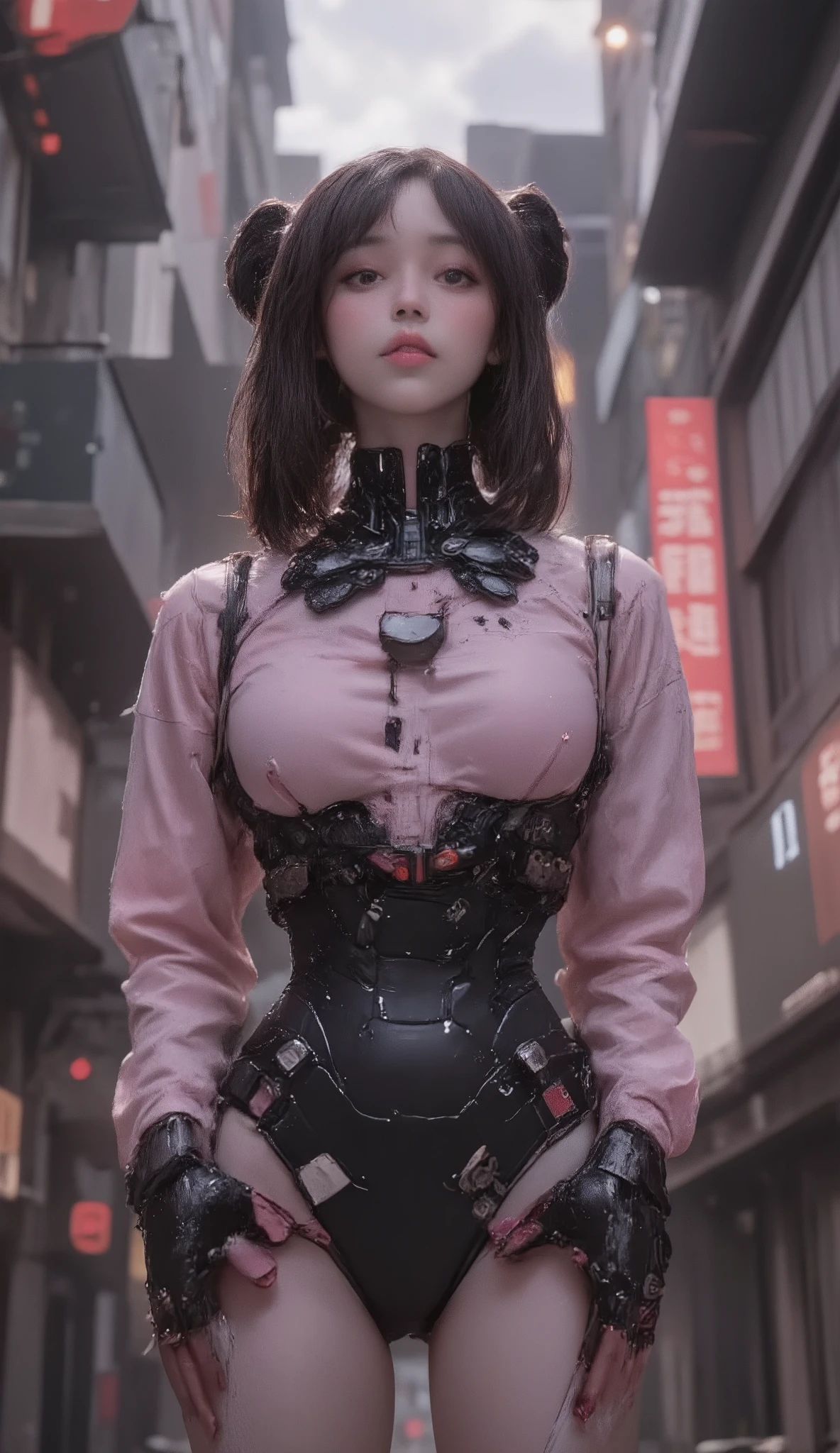  CUTE WOMAN ANDROID  , heavy weapons,  Glowing Joints and Gaps  , 新  very detailed ,  bright color ,  dynamic poses,  high-definition face and eyes ,  Glowing White Joints and Gaps , Shiny parts  , Pastel Palette,  photorealistic ,  Cinematic Lighting,  Soft Writing ,  chiaroscuro,  Cinematic Lighting、8k, Masterpiece, U  High Resolution  , retina, Masterpiece, Accurate, 解剖学的にAccurate ,  Textured Skin ,  very detailed ,  high detail ,  High Quality  ,  two-bracelet that won a realistic  , 最  High Quality  ,  High Resolution , 1080P,  High Resolution , 16k,  black hair、  Twin Tails ,  medium breasts,  messy hair,  two-tone urban buildings looking up at the sky 、  cloudy sky、  black hair、 Looking up at the sky 、 pink body、
