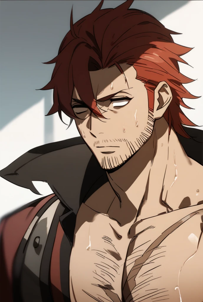 Gildarts Clive, short red hair, muscle, shirtless, sweaty, empty eyes, dazed expression, blank stare, hypnotized, brainwashed, hairy chest