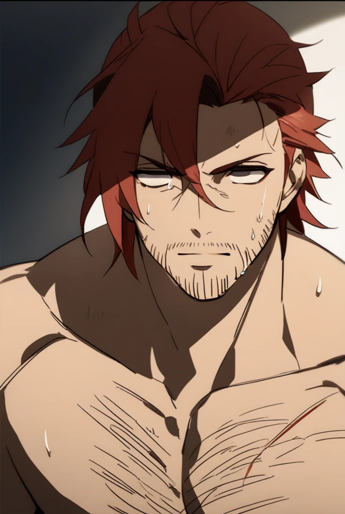 Gildarts Clive, short red hair, muscle, shirtless, sweaty, empty eyes, dazed expression, blank stare, hypnotized, brainwashed, hairy chest