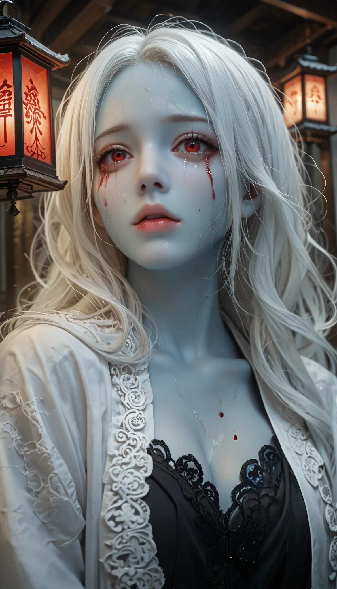 (masterpiece, best quality :1.2), 1 woman, alone, Maiden Ghost Monster, Korean , Hanbok, White Sobu , White hair, Temple, I, ( huge boobs :1.4), Red Eyes, Lantern , long, matted hair , clear skin , Black Eye Line , Red lips, sad expression, Shedding tears of blood, cool atmosphere, pale blue skin, blue skin , Cover your eyes with a black cloth