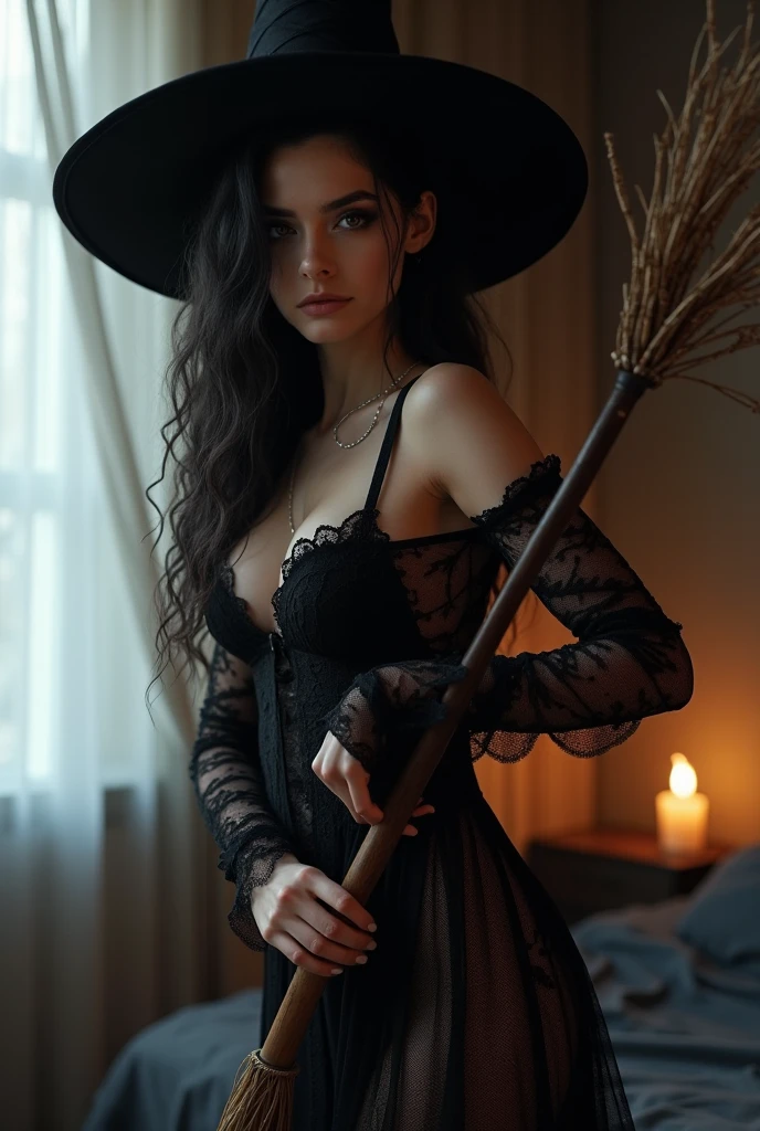 1young girl,(sexy lace witch costume:1.4),((Five-fingered hand with perfect detailed proportions)),spooky Halloween decorated house,ultra-detailed,realistic:1.2,sharp focus,vivid colors,studio lighting,horror,portrait,mysterious atmosphere,glowing pumpkins,creepy spiders,witch hat,scary mask,haunted furniture,dark and eerie shadows,moonlight streaming through the windows,ghostly apparitions,witch broom,foggy ambiance,witch cauldron,bats flying in the background,spiderweb-covered walls,magic spellbook,orange and black color scheme,mysterious girl's eyes piercing through the darkness,mix4, (big breasts:1.2),(Taken from behind),(Hand on the waist:1.2),(butt lift:1.2)