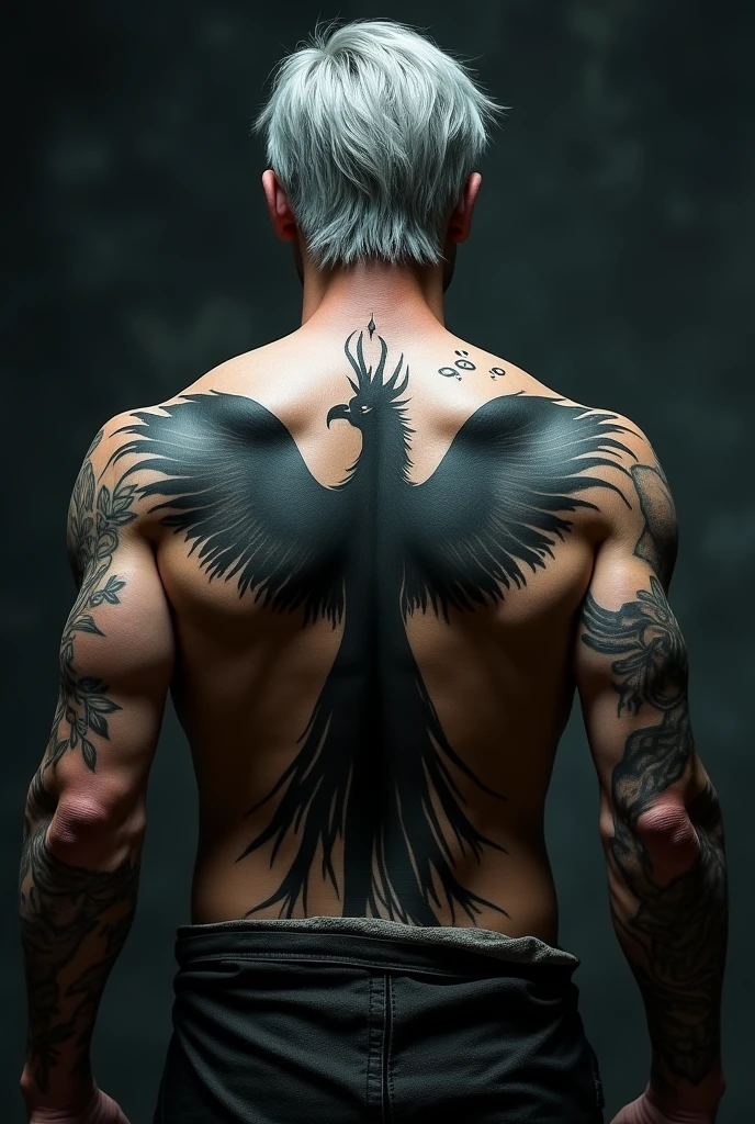 dark man, brawny, with a goatee, with a phoenix tattooed on his left rib and a dragon tattooed on his back