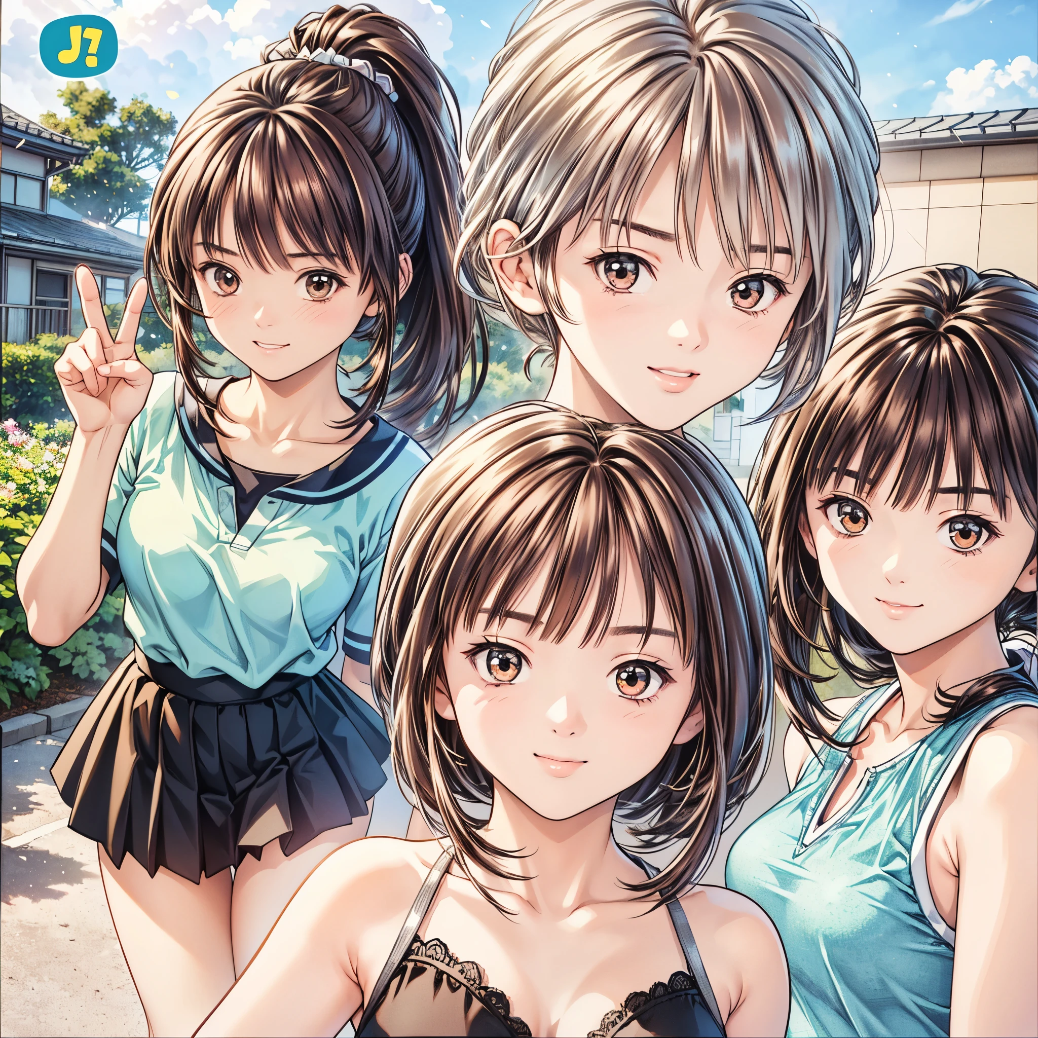 (8k、 best quality 、​masterpiece:1.2)、( realistic、ultra-detailed、 super A high resolution、 2 girls、(One person has silver hair 、一人は brown hair )、 beautiful detailed faces、smile、narrow、( Slim Waist ) :1.3)、summer服、summer  、 skin texture、Floating Hair、  Professional Writing 、服 人体全体、 brown hair、Shy、Mikity、 romantic 、((Junior high school studentstail、 idol p