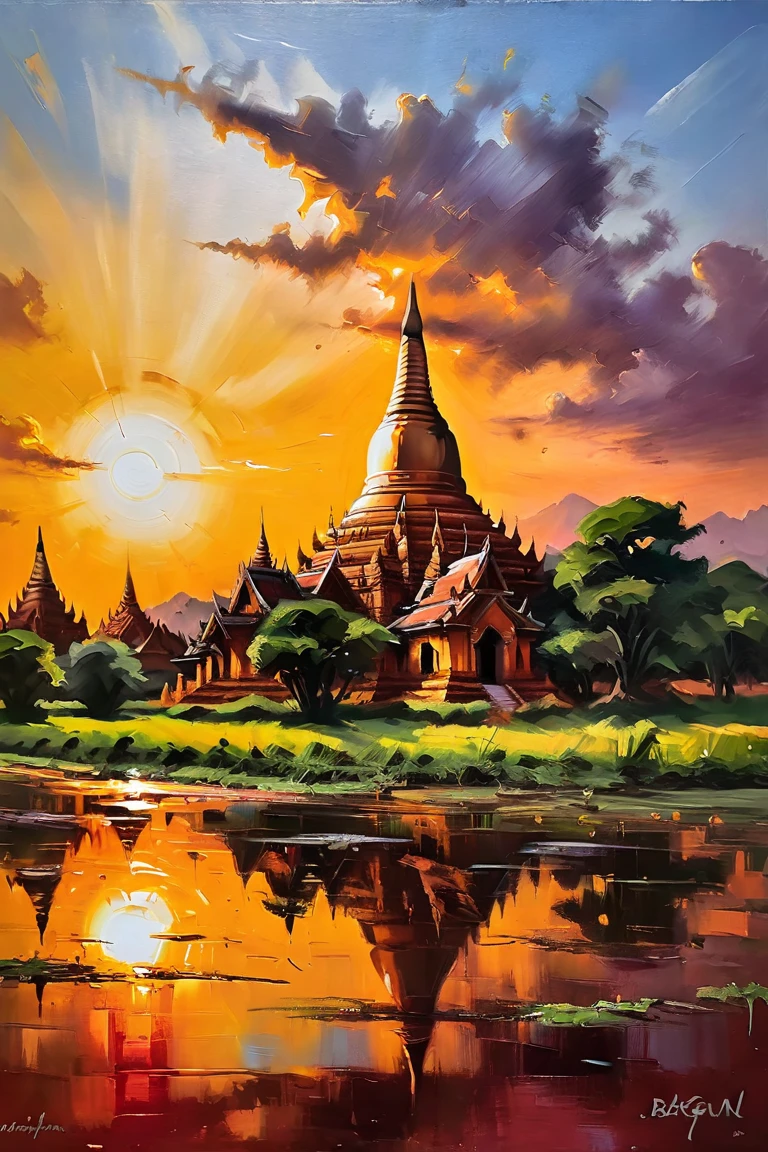 Oil painting of Myanmar,Bagan ancient Pagoda , sunset sense, ultra detailed,