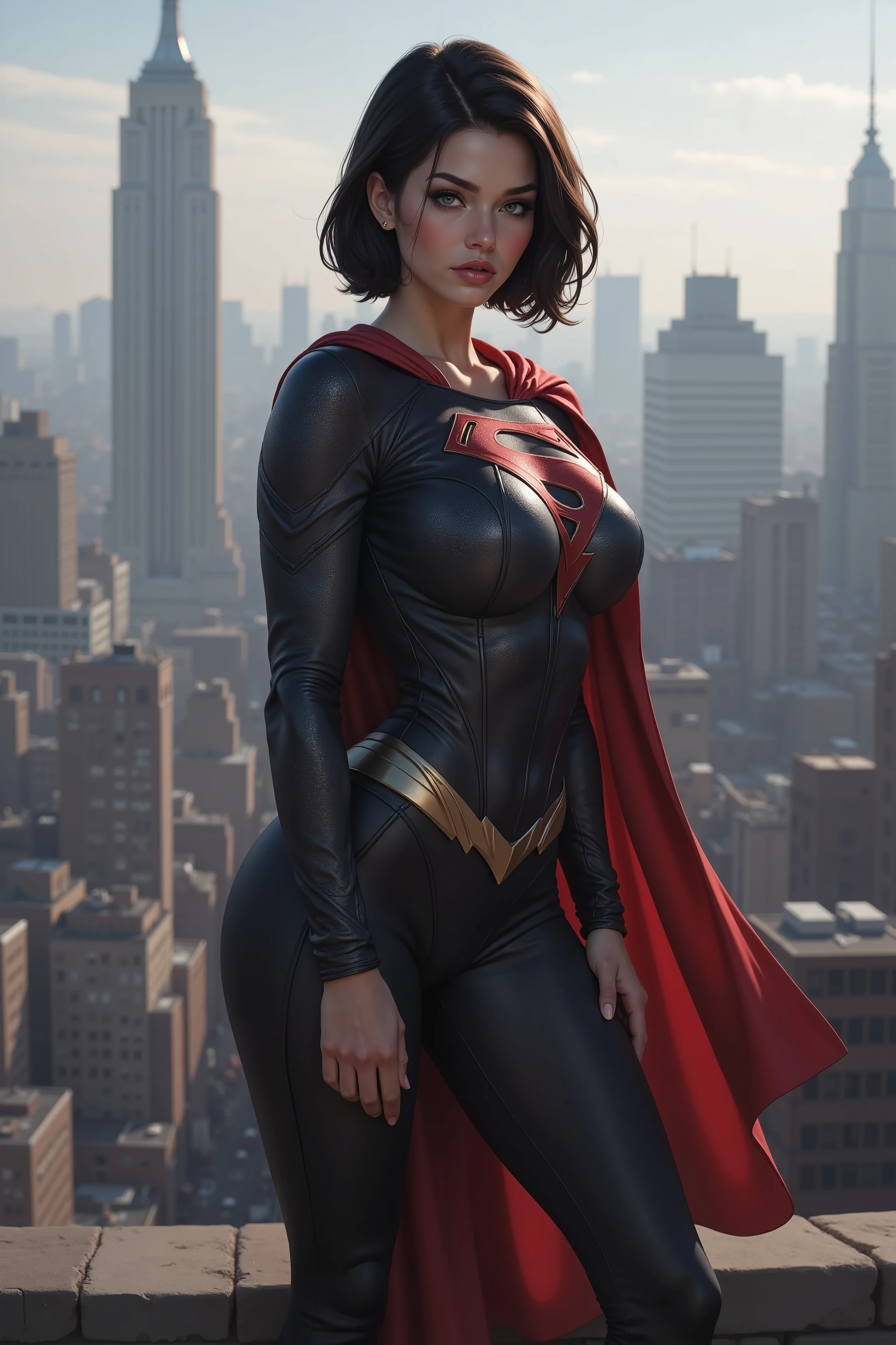 girl, black hair, very short hair, black eyes, supergirl costume without cape, very tight suit, very big breasts, ultra realistic professional photo, standing on the roof of building