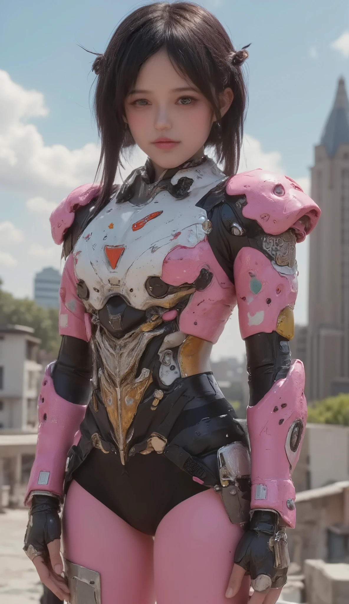  CUTE WOMAN ANDROID  , heavy weapons,  Glowing Joints and Gaps  , 新  very detailed ,  bright color ,  dynamic poses,  high-definition face and eyes ,  luminescent white joints and gaps , Shiny parts , Pastel Palette,  photorealistic ,  Cinematic Lighting,  Soft Writing ,  chiaroscuro,  Cinematic Lighting、8k, Masterpiece, U  High Resolution  , retina, Masterpiece, Accurate, 解剖学的にAccurate ,  Textured Skin ,  very detailed ,  high detail ,  High Quality  ,  two-bracelet that won a realistic  , 最  High Quality  ,  High Resolution , 1080P,  High Resolution , 16k,  black hair、Pigtails、 braids、Thick lips ,  medium breasts,  messy hair, two-tone、City buildings、  cloudy sky、  black hair、 Looking up at the sky 、 pink body、
