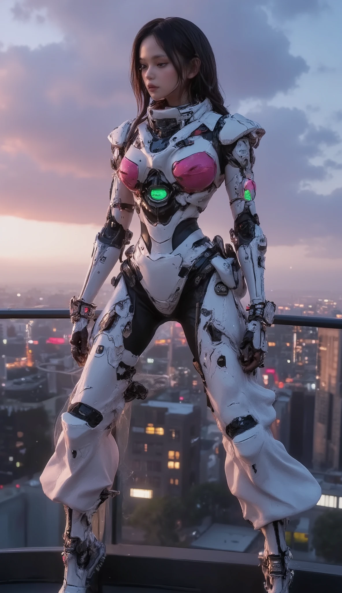  CUTE WOMAN ANDROID  , heavy weapons,  Glowing Joints and Gaps  , 新  very detailed ,  bright color ,  dynamic poses,  high-definition face and eyes ,  luminescent white joints and gaps , Shiny parts , Pastel Palette,  photorealistic ,  Cinematic Lighting,  Soft Writing ,  chiaroscuro,  Cinematic Lighting、8k, Masterpiece, U  High Resolution  , retina, Masterpiece, Accurate, 解剖学的にAccurate ,  Textured Skin ,  very detailed ,  high detail ,  High Quality  ,  two-bracelet that won a realistic  , 最  High Quality  ,  High Resolution , 1080P,  High Resolution , 16k,  black hair、Pigtails、 braids、Thick lips ,  medium breasts,  messy hair, two-tone、City buildings、  cloudy sky、  black hair、 Looking up at the sky 、 pink body、
