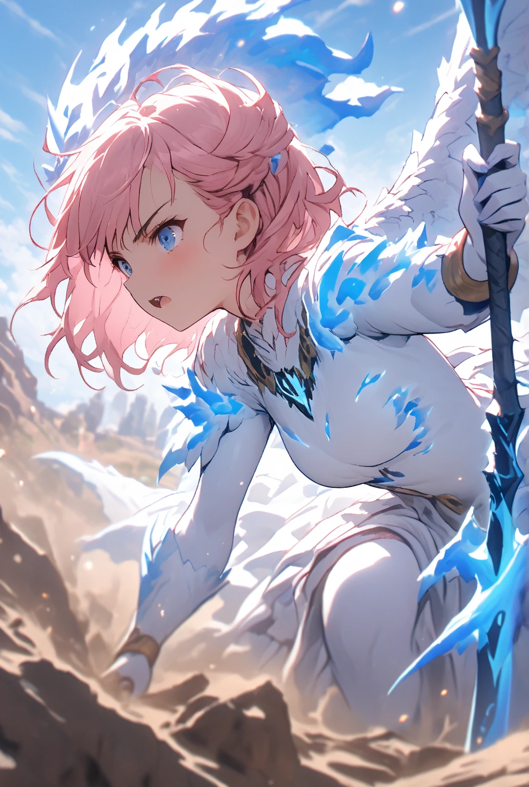 masterpiece, best quality, absurdres,
BREAK,
1girl,1 white dragon,
(Her pink short hair,blue eyes),
On the rough earth, a female Amazoness warrior fiercely battles a white dragon,dynamic pose,
depicting a powerful battle scene,a phantom beast of blue fire,She is holding a huge spear in her hand and is pushing forward,defying the flames of the phantom beast,
Effects of flames are dancing around her,creating a sense of heat,The camera captures the moment the female warrior and white dragon collide from a low position,from side,
