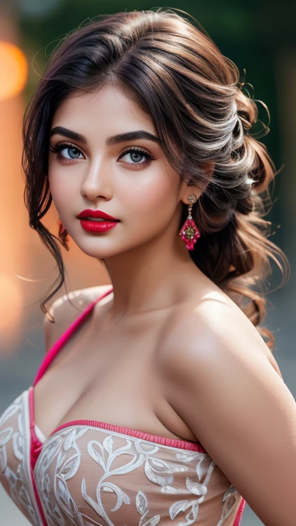 big boobs, night bokeh effect background, perfect pink eyes, fantastic face, Indian, beautiful look, ((red lips, bright eyes, curve heir 1.5)), ((beautiful details body)), A glorious gorgeous, glorious gorgeous face, pretty face, bright eyes, detailed elegant printed shirt, updo elegant hair, blurred gray tones background, ultra focus, face ilumined, face detailed, 8k resolution, painted, dry brush, brush strokes,