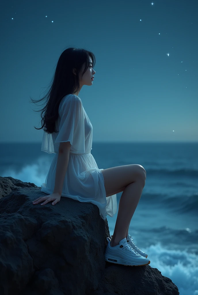 Lo-fi music anime illustration of a beautiful woman sitting on the beach at night watching a bonfire。The moon is reflected on the surface of the sea、It creates a calm and quiet atmosphere。The girl is relaxing in a camping chair、A gentle breeze makes me feel like time is passing slowly as my hair flutters.。The only light is from the moon and the bonfire