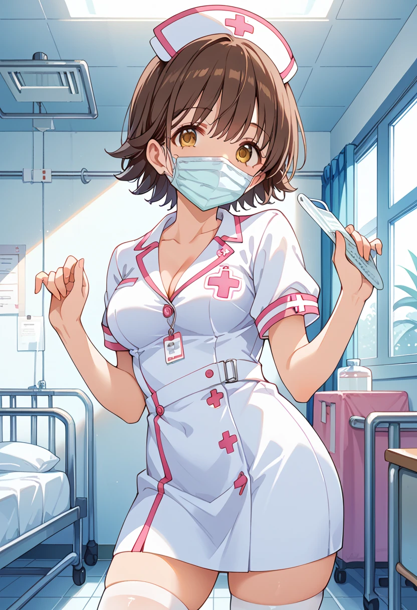 (((masterpiece))), ((best quality)), detailed, solo, 1girl, hmochako, finne lingerie, (rain), chest curtains, nurse&#39;s cap, latex gloves, surgical mask, sexy pose, short hair, medium breasts, beautiful brown eyes, cleavage, big breasts, sweating, blushing, heavy breathing,