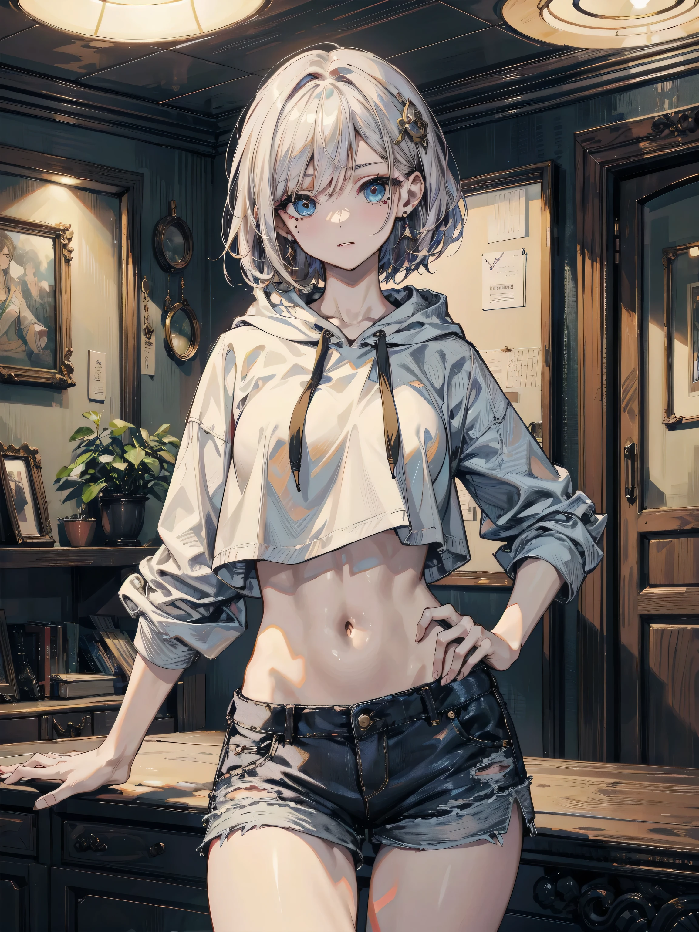 High resolution,high resolution,Girl,(Braiding,Gray Hair,Short Hair,Blue accent color),Purple Eyes,Slanted Eyes,Bad mood,boyish,slender,glasses,sit,Tattoo,library,Shorts,blouse,choker,,