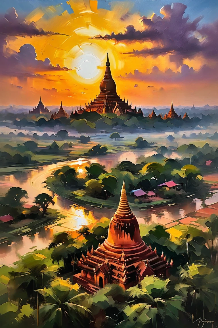 Oil painting of Myanmar,Bagan ancient Pagoda , sunset sense, ultra detailed,