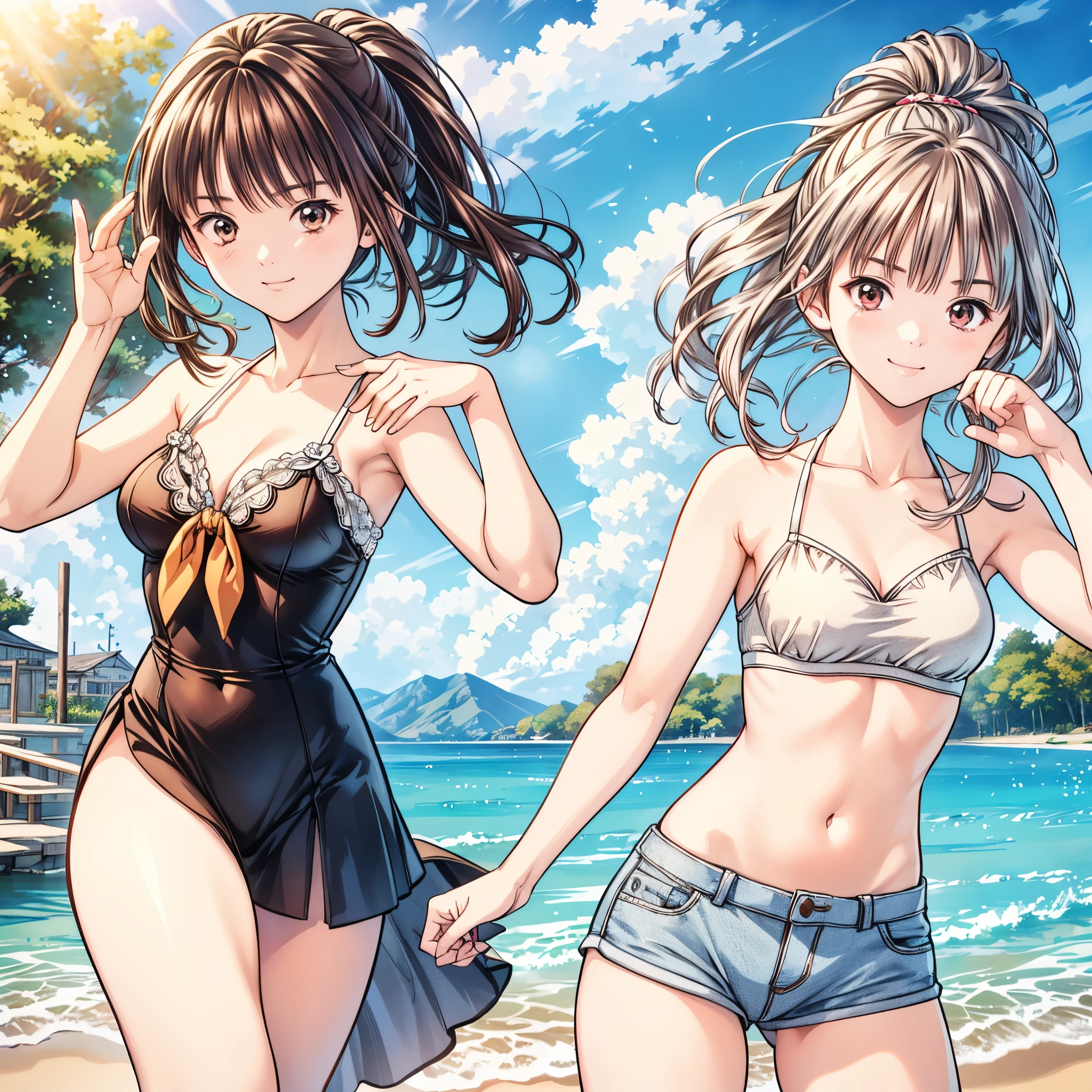 (8k、 best quality 、masterpiece:1.2)、( realistic、ultra-detailed、 super A high resolution、 2 girls、(One person has silver hair 、一人は brown hair )、 beautiful detailed faces、smile、narrow、( Slim Waist ) :1.3)、summer服、summer、sea、 、 skin texture、Floating Hair、 Professional Writing 、服 人体全体、 brown hair、Shy、Mikity、 romantic 、((Junior high school studentstail、 idol p