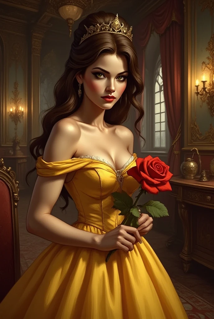 Belle, in her classic revealing yellow dress (nsfw) holding a red rose in a seductive way 