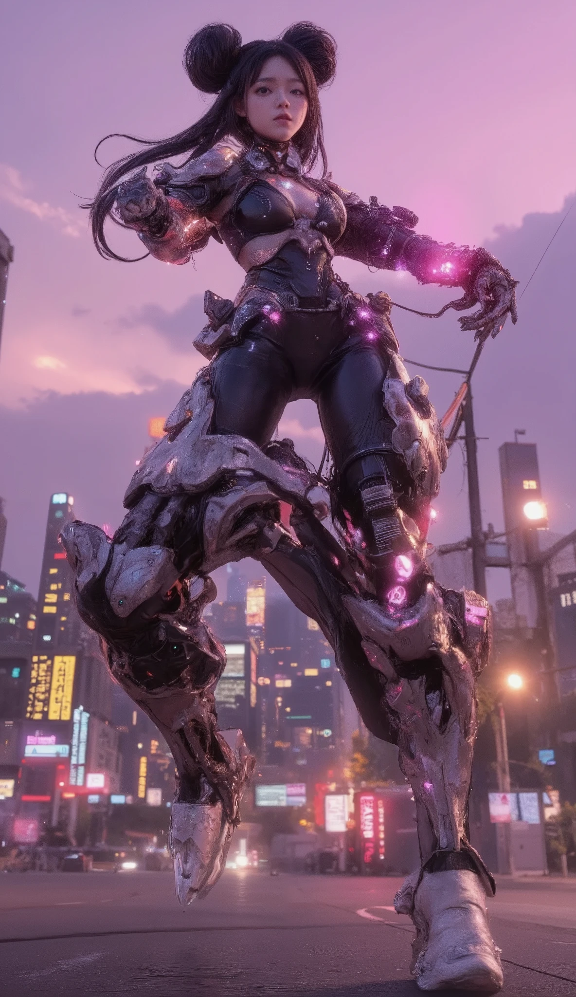  CUTE WOMAN ANDROID  , heavy weapons,  Glowing Joints and Gaps  , 新  very detailed ,  bright color ,  dynamic poses,  high-definition face and eyes ,  Glowing White Joints and Gaps , Shiny parts , Pastel Palette,  photorealistic ,  Cinematic Lighting,  Soft Writing ,  chiaroscuro,  Cinematic Lighting、8k, Masterpiece, U  High Resolution  , retina, Masterpiece, Accurate, 解剖学的にAccurate ,  Textured Skin ,  very detailed ,  high detail ,  High Quality  ,  two-bracelet that won a realistic  , 最  High Quality  ,  High Resolution , 1080P,  High Resolution , 16k,  black hair、  Twin Tails、 braids ,  medium breasts,  messy hair, two-tone、City buildings、  cloudy sky、  black hair、 Looking up at the sky 、 pink body、
