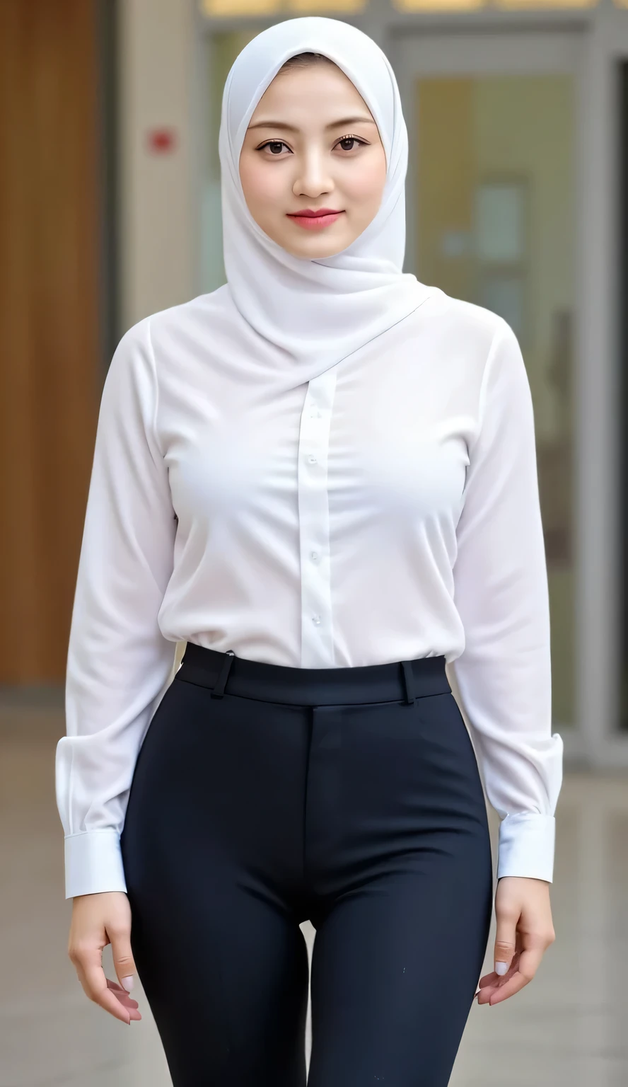 woman,((30 years old)), shirt, black hijab, beautiful face, white skin, soft smile, pants