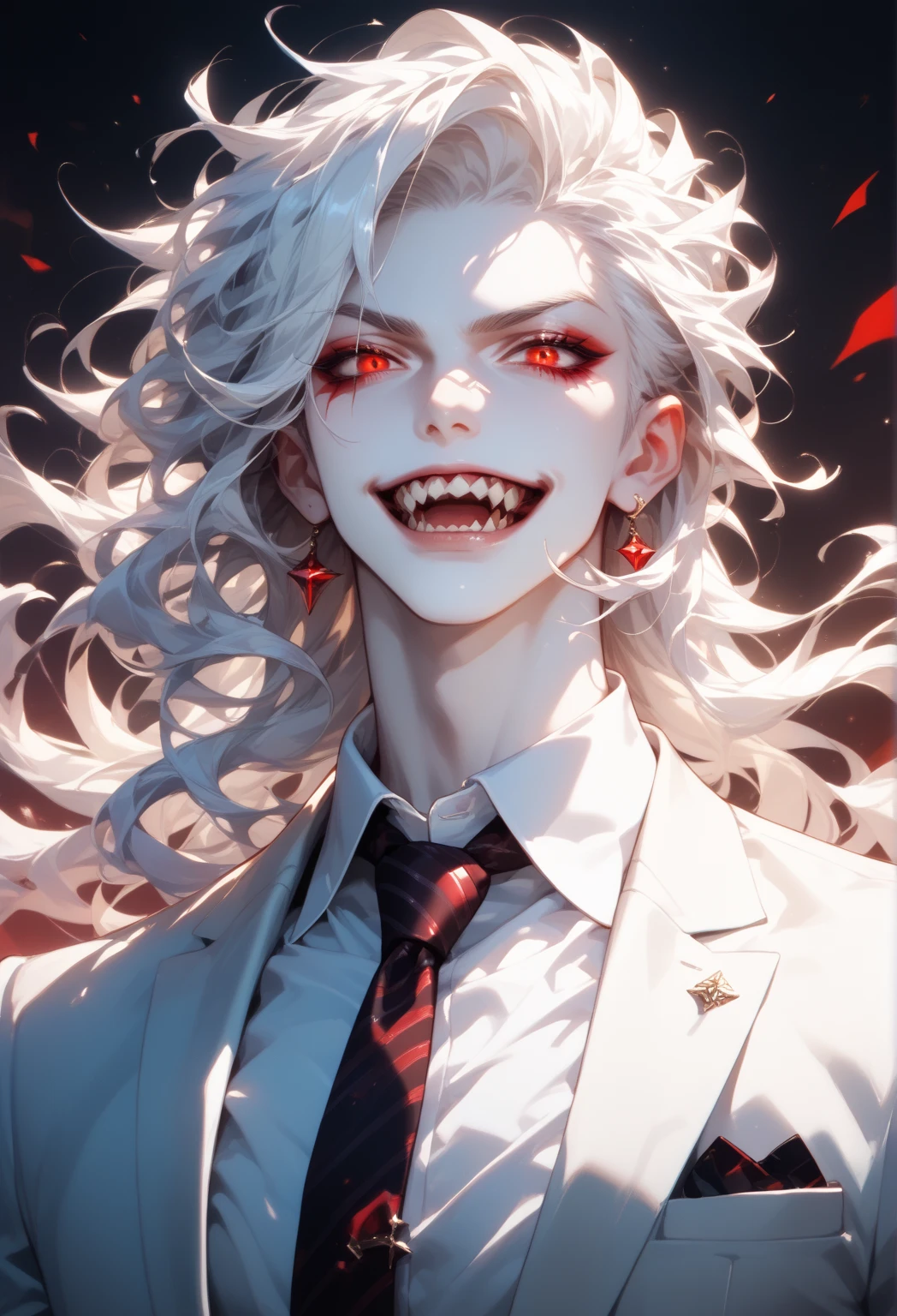 1 guy, blue eyes, white hair, wears glasses, long hair disheveled, hair gathered in a low ponytail, male build, looks at the viewer, crazy eyes, crazy smile, dressed in a black shirt, black trousers, stands, night outside, stars, blood on clothes, blood on cheek, shaded face, flowing hair, detailed, beautiful, delicate tones