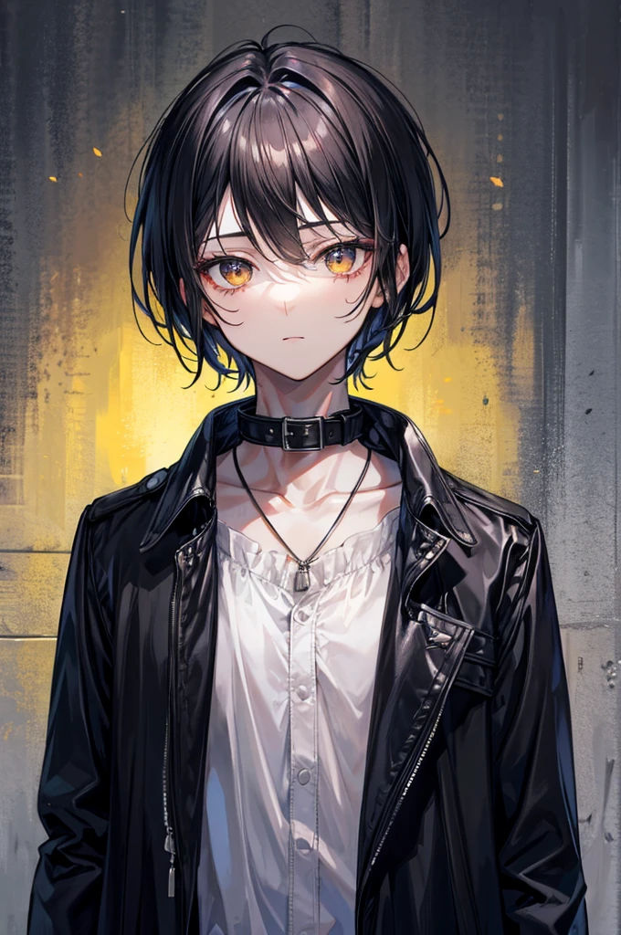 1girl, short hair, messy hair, black shirt, black hair, yellow eyes, imposing, malicious smile, lustful smile, intense eyes, wolf ears, fangs