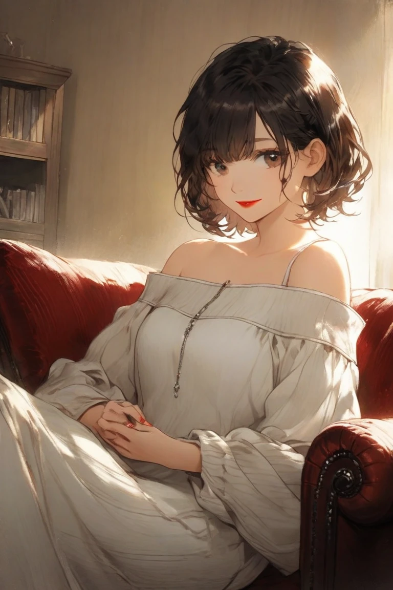 masterpiece, best quality, 1woman, medium hair, couch, happy, 8k