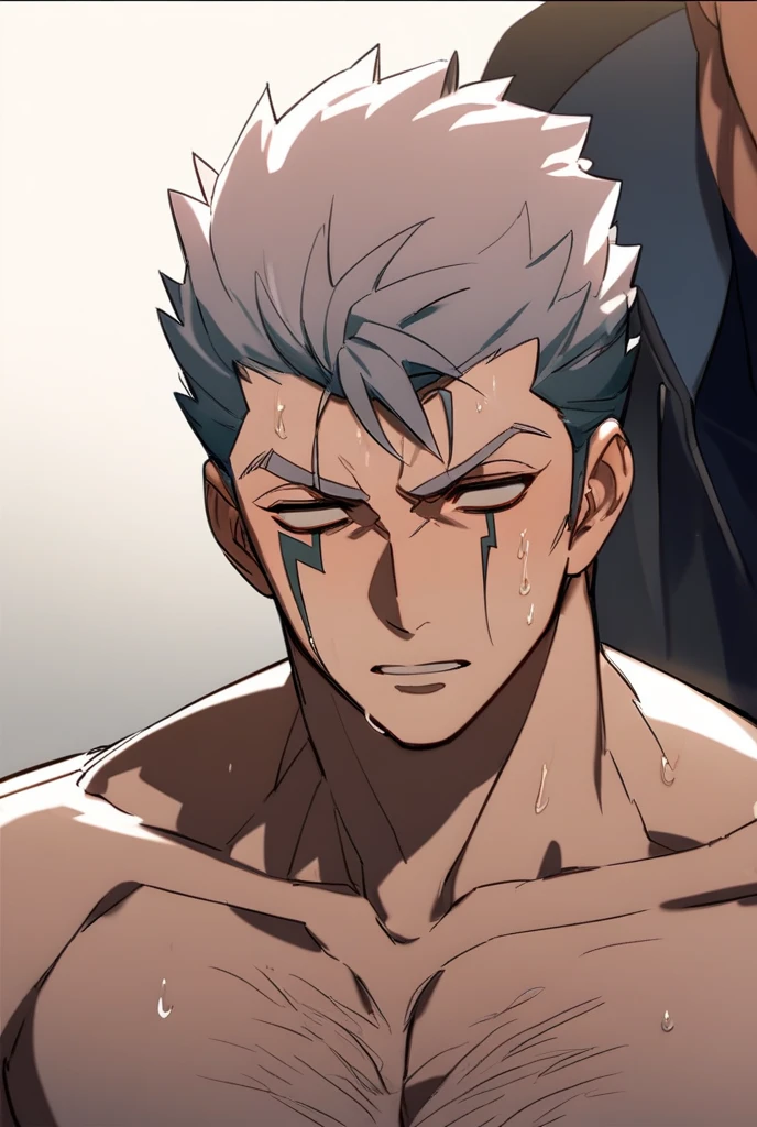 Masterpiece, Best quality, High quality, 1boy, Solo, Asta, lying on bed, sleeping, gray hair, black headband, shirt off, shirtless, green eyes, close his eyes, closed eyes, his mouth gasp, opened mouth, torturing expression, medium body, naked, showing His penis, his dick, showing his muscle.