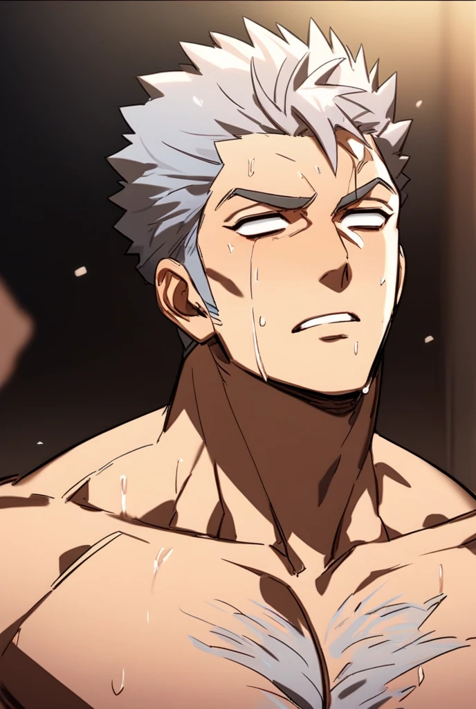 Laxus Dreyar, short blond hair, muscle, shirtless, sweaty, empty eyes, dazed expression, blank stare, hypnotized, brainwashed, hairy chest