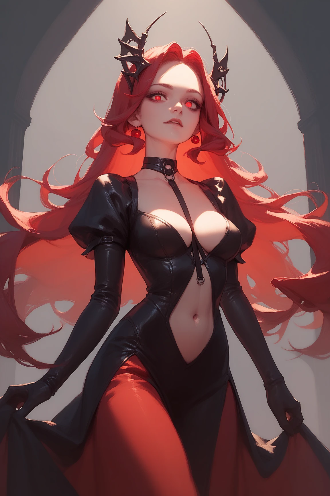 (best quality, 8k, very detailed:1.2), realistic, dark fantasy, bright colors, Portrait, red hair, full body view, low cut shape, Beautifully detailed eyes, Beautifully detailed lips, Sharp focus, dark atmosphere, dark background, glowing eyes, intense expression, mysterious, charming, elegant, all black outfit, Long, flowing hair, Sensitive features, charming, Powerful presence, soulful, Fascinating, haunt, impersonal, incredible light