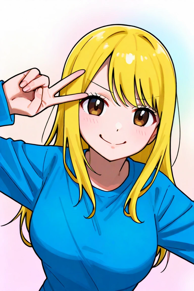 long blonde hair, brown eyes, She has long blonde hair that falls straight and elegantly down to her waist, wears a blue T-shirt with tight black long sleeves underneath, complementing her modern and casual style, She is smiling warmly with slightly blushed cheeks and wearing a brown, white. Her right hand is raised beside her face, making a peace sign gesture (V-sign). The background is a colorful pastel gradient with scattered stars, creating a cheerful and vibrant atmosphere.