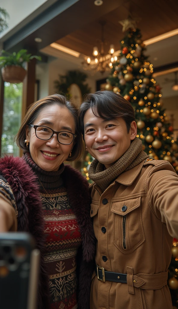 A 62-year-old Asian couple had a Christmas lunch  at a villa in Singapore, taking a selfie from the first person perspective. (Wearing high-end, stylish autumn brand clothing)