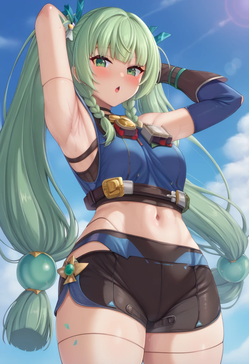 ultra-detailed,
master piece,best quality,high resolution,
beautiful eyes,detailed eyes,detailed face,
beautiful detailed eyes,symmetrical clear eyes,
 1girl ,score_9,score_8_up ,score_7_up  BREAK qingyiSDXL, 1girl ,long hair,gloves,bare shoulders,twintails,very long hair,green eyes,braid,green hair,shorts,black gloves,fingerless gloves,twin braids,crop top,short shorts,black shorts,joints,(small breasts:1.1),(medium breasts:0.9),wide hip, thick thighs,nsfw,(Armpit:1.5),( too thick thighs:1.1), big ass,sweat,Armpitsweat,赤らんだArmpit,(脂ぎったArmpit:1.5),(艶のあるArmpit:1.2),(肉厚なArmpit:1.1),blush,(vapor:1.4),