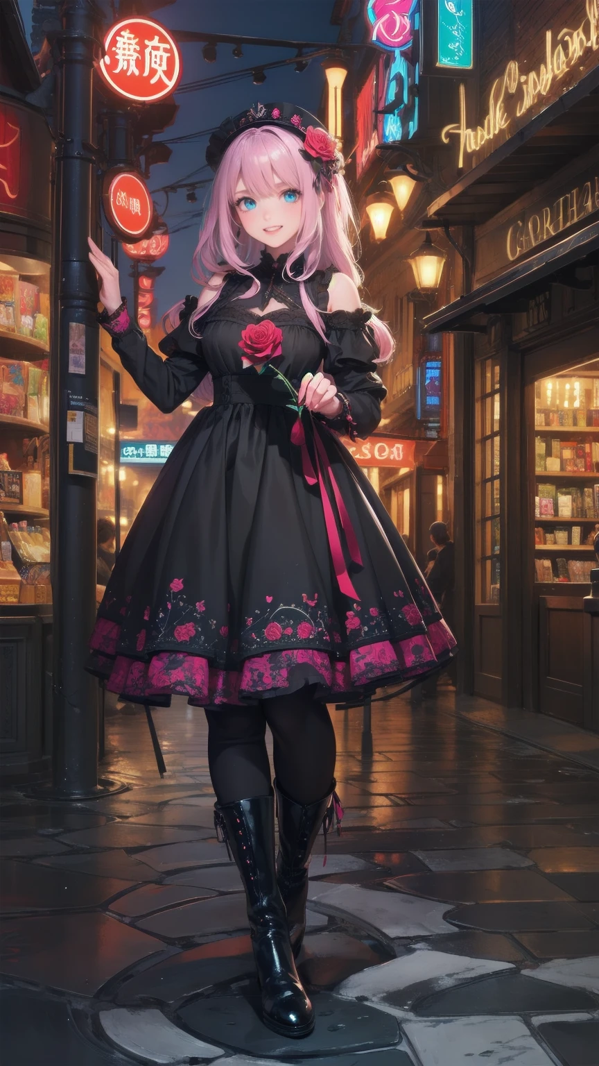 ( Masterpiece : 1.2), (  very detailed: 1.2), (  very detailed CG: 1.2), (  HD: 1.2), (最  HD), 8k,  animated illustration  , 、  Beautiful Girls、とても  cute天使、  pink gothic dress 、  cute、*********、smile、  Long Skirt、  Black Long Boots  、 grey pink pants ，Turquoise Eye，  cute女性 *****，street，  Candy Store  ， sign，European Buildings，slate paved ，Rose flower，
