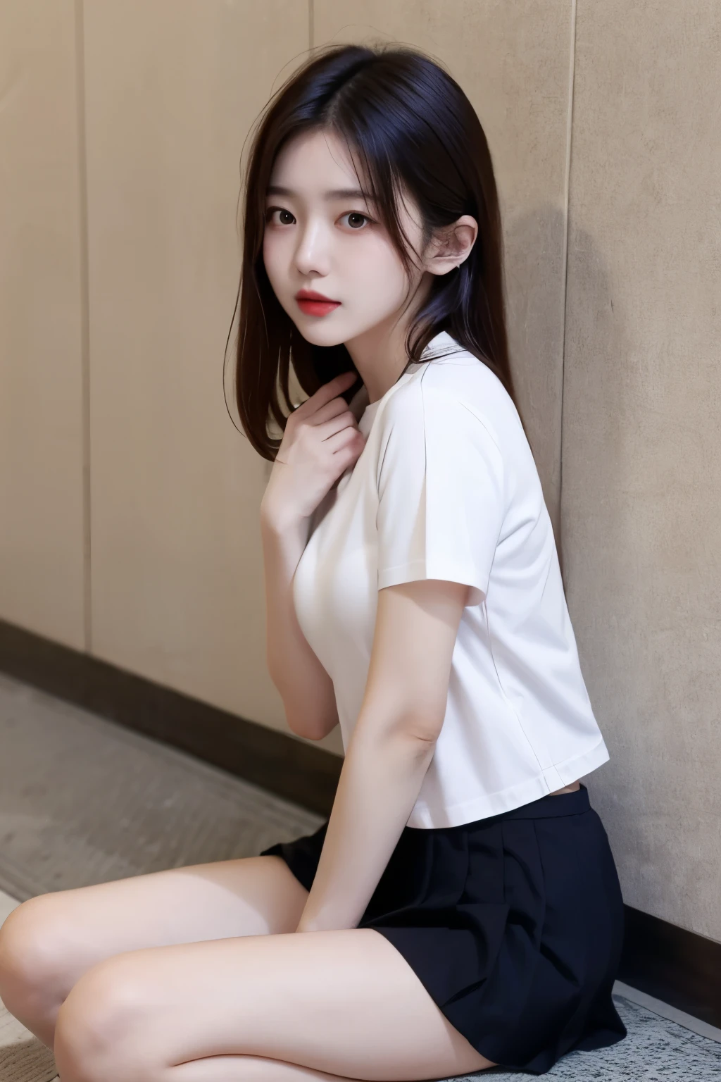 a korean girl with crop shirt and short pleated skirt