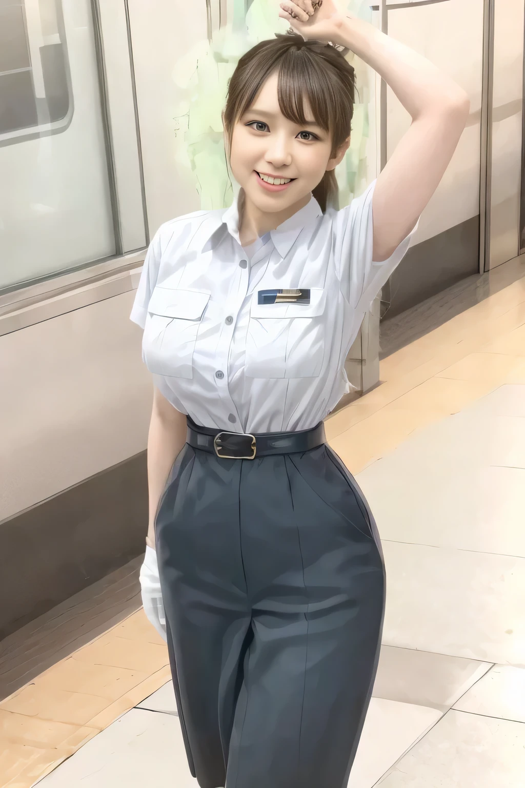 (Masterpiece:1.2, best quality :1.2), 32kHDR, High Resolution , (Alone、 1 girl)、(Rooftop of a building during the day、 professional lights )、Building rooftop background、( TOKYO SUBWAY WOMAN CREW UNIFORM REAL STYLE WOMAN CREW UNIFORM 6 )、(TOKYO SUBWAY WOMAN CREW UNIFORM BLOUSE SHORT SLEEVE 、 Knee-length culottes skirt、Waist belt)、、 dark brown hair 、( hair gathered、 hair bang)、 dark brown hair 、Long Hit、Big Breasted 、Thin legs、(( amazing hands:2.0)),((harmonious body proportions:1.5)),((Normal limbs:2.0)),((Usually refers to:2.0)),(( Delicate Eyes:2.0)),((Normal eyes:2.0)))、smile、(Tokyo Subway woman crew uniform Knee-length culottes skirtを見せた美しい立ち姿)