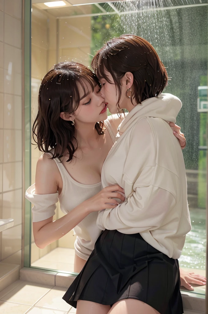 (actual, photo-actual:1.4), (best quality,masterpiece:1.2), original photo, High resolution, intricate details, Very detailed, sharp focus, movie lighting, (whole body, frontal photography:1.5), (couple, two girls, a tall girl and a short girl:1.6), Japanese female standing, (couple hugging tightly each other and kissing roughly:1.5), (grab someone's arm, grab someone's ass), Leaning on the wall outside the classroom, face smaller, Thin, Slim, Slender, Thin legs, (suit, skirt, Bare legs, socks, Loafers, Wearing Tokiwadai school uniform:1.4), black hair, (Detailed face, Beautiful and delicate eyes, delicate nose), pale skin,
(Pee on yourself, Urinating a lot when hugging each other, urination:1.8), (Big puddle of urine, Urine stains, Pee flowing down the legs),
Photo Background, Indoors, hall,