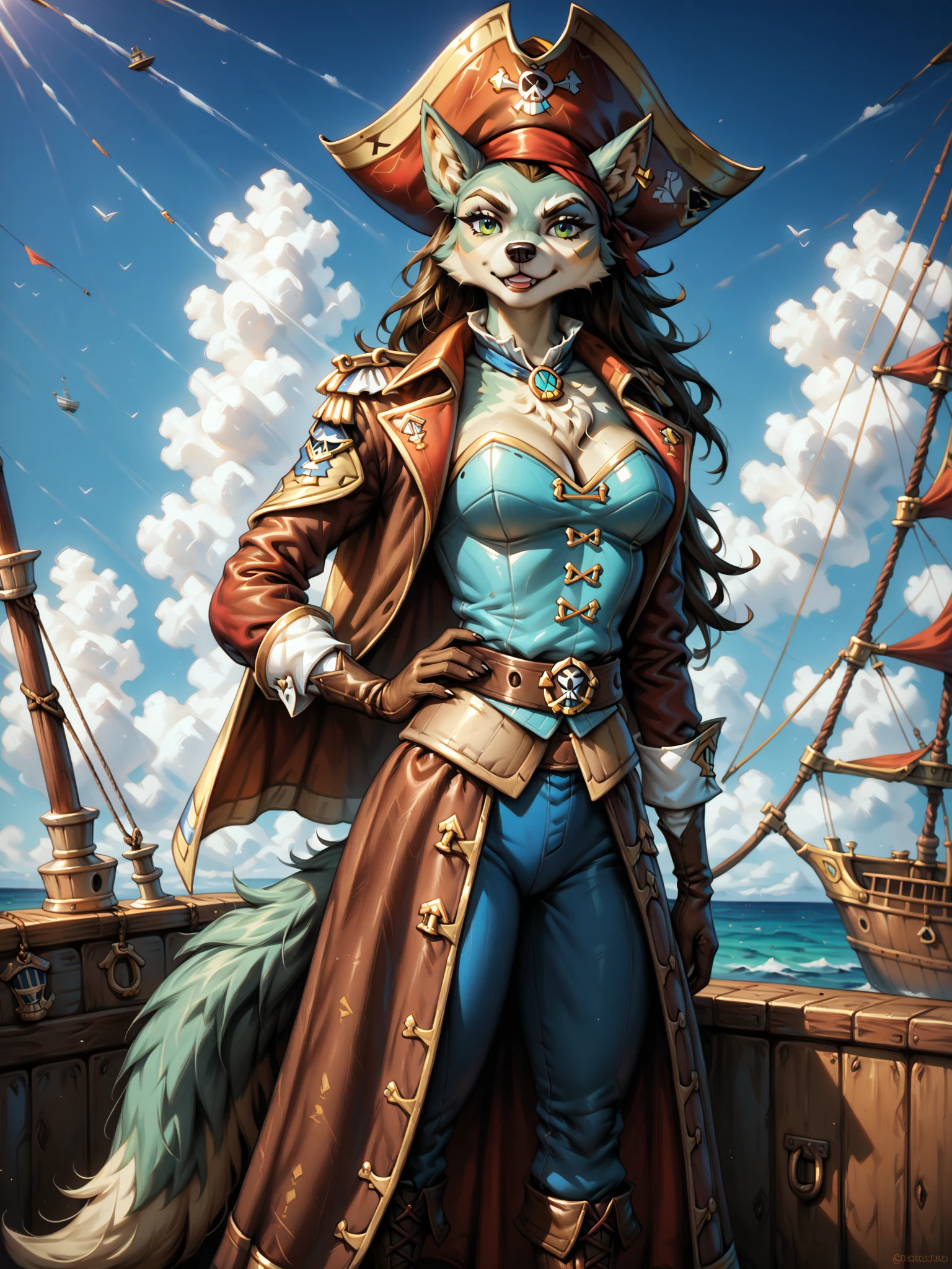 score_9, score_8_up, score_7_up, score_6_up, score_5_up, score_4_up, (solo, 1 female wolf anthro:1.5), (realistic, fluffy), (adult, beautiful, cool:1.35), (tall:1.15), (pirate captain costume:1.35), (on pirate ship:1.25), greedy, arrogant, hyper, PonyScores